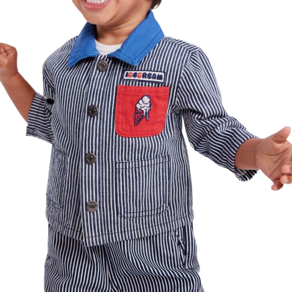 Railroad Stripe Twill Snap Jacket Baby Loose Collared Ice Cream Pocket NWT - Picture 2 of 14